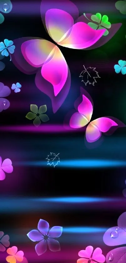 Colorful butterfly and neon clover wallpaper.