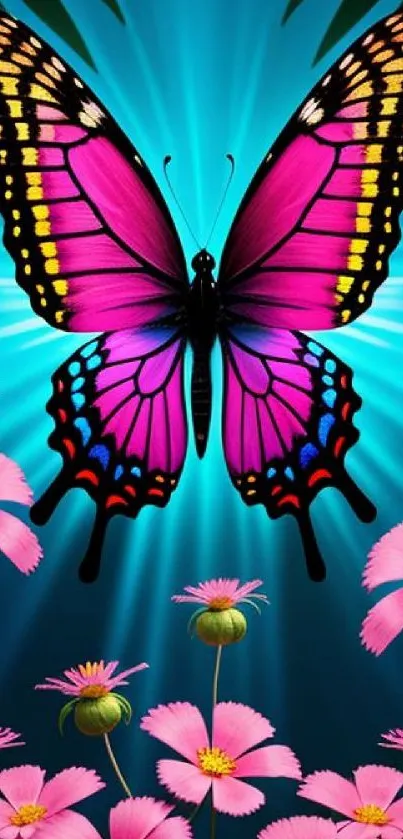 Vibrant butterfly with flowers on a blue background.