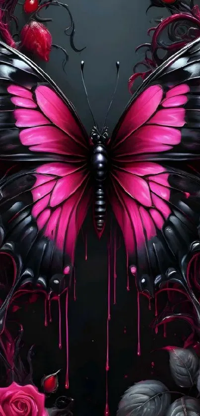 Artistic pink and black butterfly on floral background.