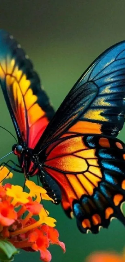 A vibrant butterfly on colorful flowers with orange and blue hues.