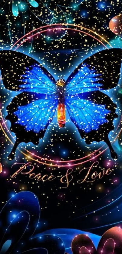 Vibrant blue butterfly with cosmic floral background.