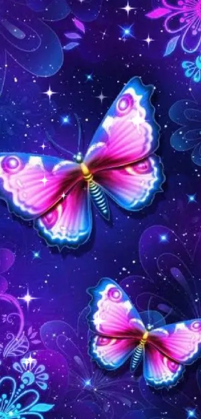 Pink and blue butterflies on a floral background wallpaper.