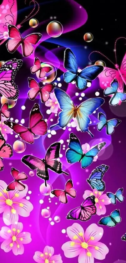 Vibrant butterfly and floral mobile wallpaper with purple background.