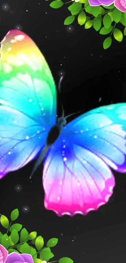 Colorful butterfly with floral accents on dark background.