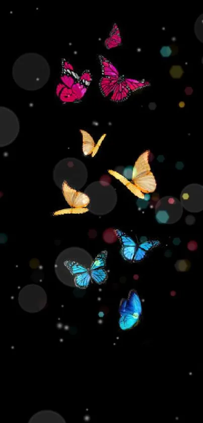 Colorful butterflies on black background mobile wallpaper.