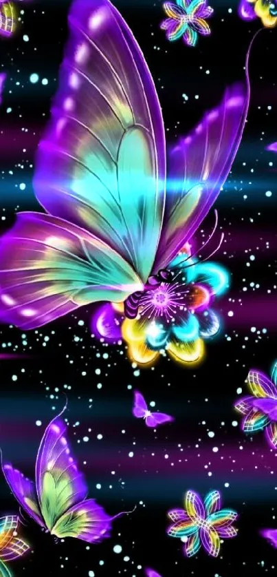 Vibrant butterfly wallpaper in purple and teal on black background.