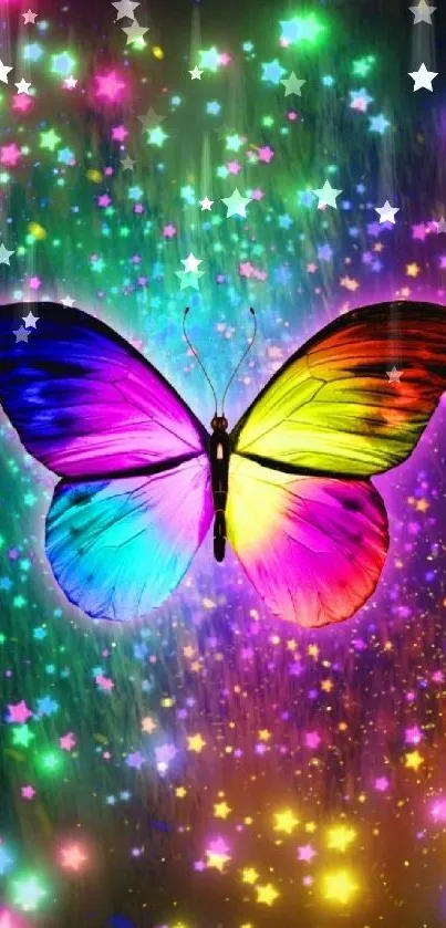 Vibrant butterfly surrounded by colorful, glowing stars on a mobile wallpaper.