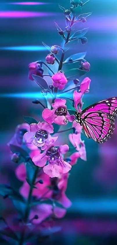 Pink butterfly resting on vibrant teal flowers, perfect for mobile wallpaper.