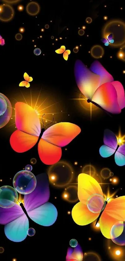 Colorful glowing butterflies on black background.