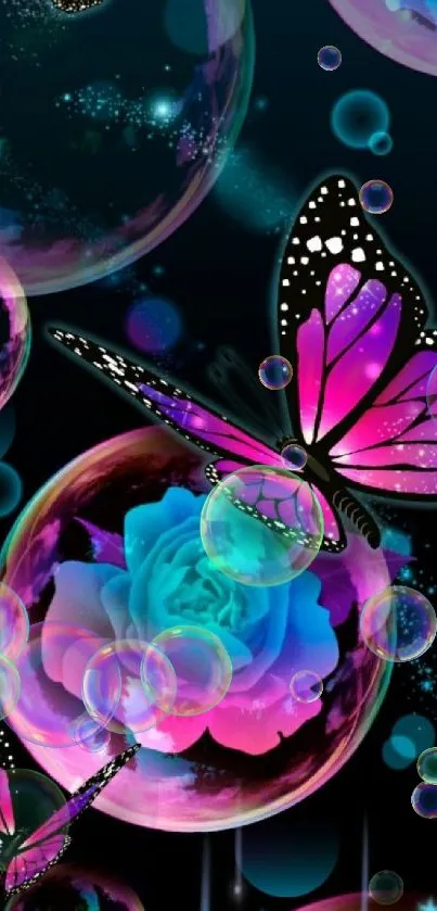 Vibrant butterflies and blue rose on cosmic black background.