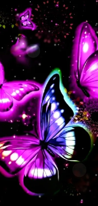 Glowing neon purple butterflies on a dark background.