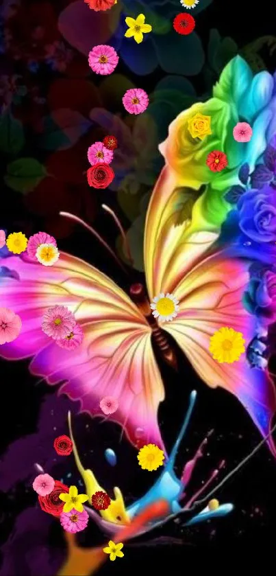 Vibrant butterfly with rainbow colors and floral elements on black background.