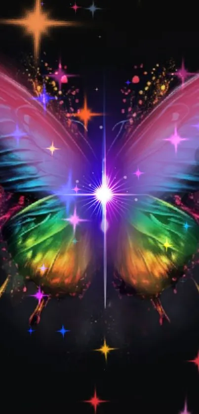 Vibrant butterfly with colorful wings glowing against a black background.