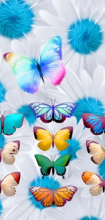 Colorful butterflies on a floral background wallpaper.