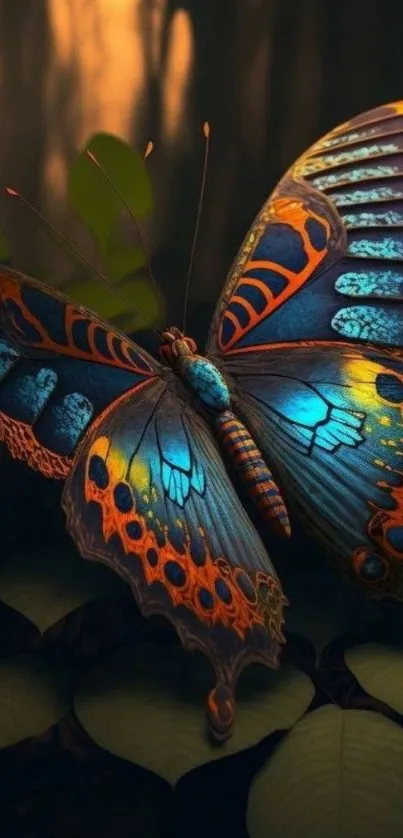 Intricate and vibrant butterfly resting on leaves, showcasing deep blue hues.