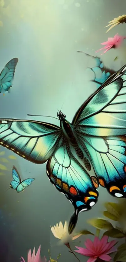 Vibrant teal butterflies on a floral background.