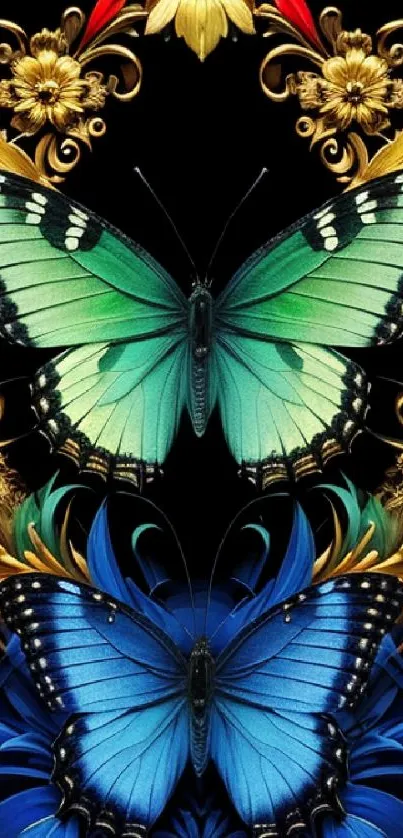 Vibrant butterfly wallpaper with floral accents.