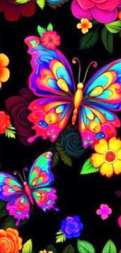 Vibrant butterfly wallpaper with floral design and bright colors.