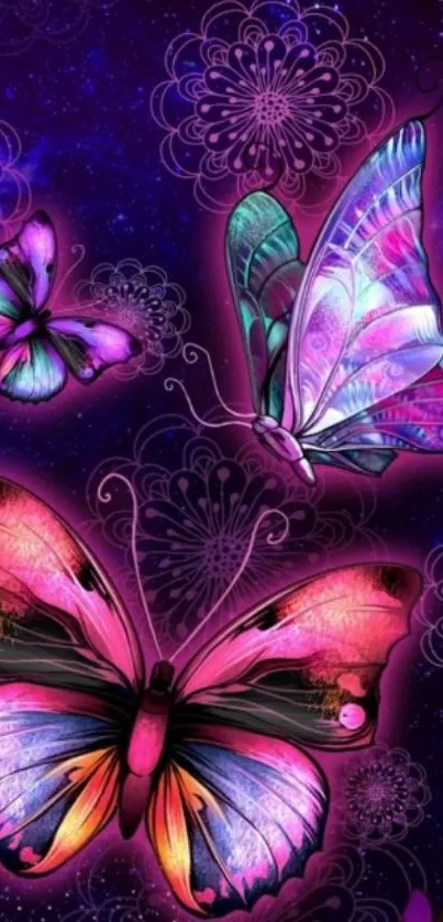 Colorful butterflies on a purple galaxy-themed wallpaper.