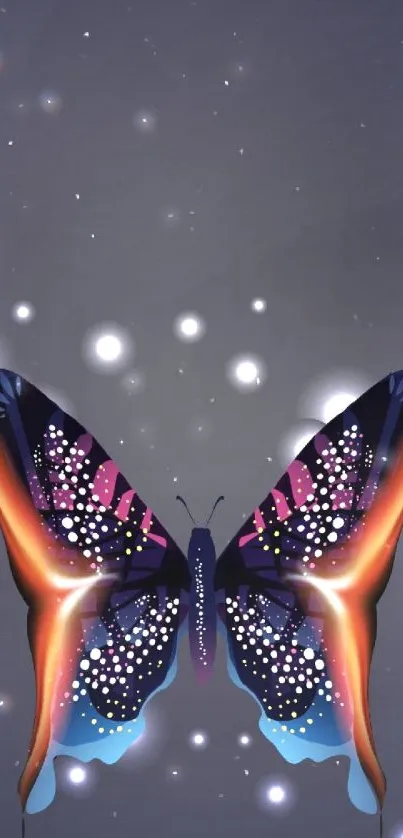 Vibrant butterfly with glowing dots on a dark gray background for mobile wallpaper.