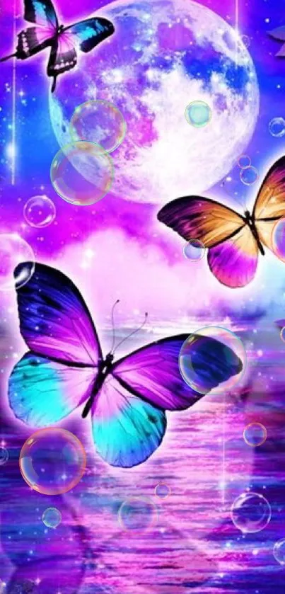 Mesmerizing wallpaper with vibrant butterflies and moonlit sky in purple tones.