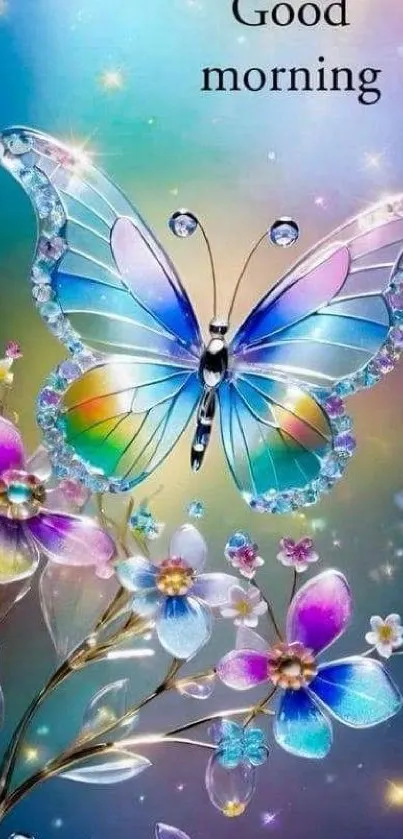 Vibrant butterfly with colorful flowers, good morning text.