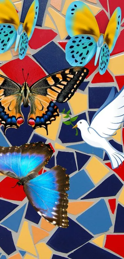 Colorful mosaic wallpaper with butterflies and a dove.
