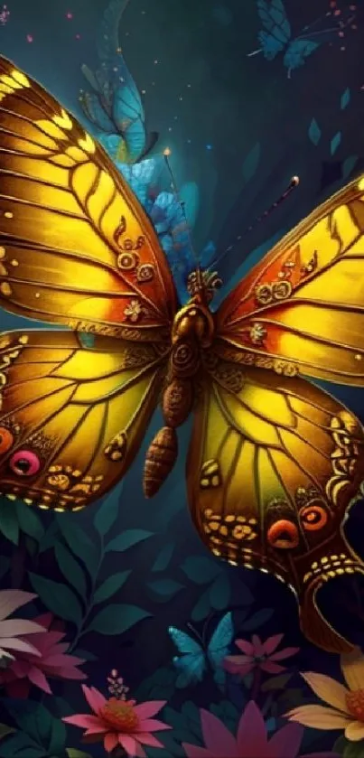 Golden butterfly amidst colorful flowers.