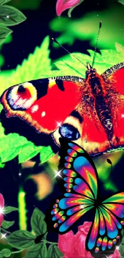 Colorful butterfly on green leaves wallpaper for mobile background.