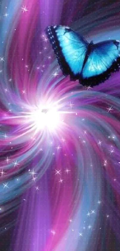 Vibrant swirling butterfly nebula wallpaper with blue and purple hues.