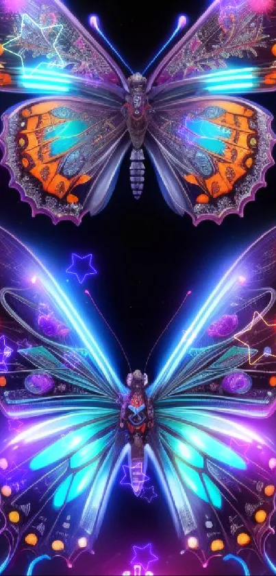 Neon butterflies with vibrant, glowing colors on a dark background.