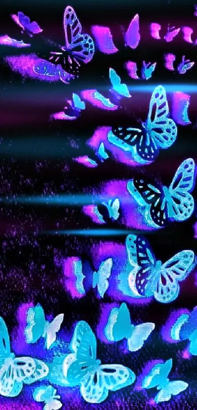 Vibrant neon butterflies on a black background mobile wallpaper.