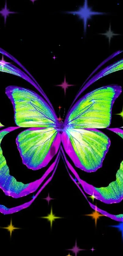 Vibrant neon butterfly with colorful wings on a black background.