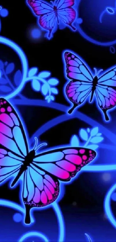 Vibrant butterflies in neon colors on a dark background.