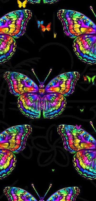 Vibrant neon butterflies on a black background.