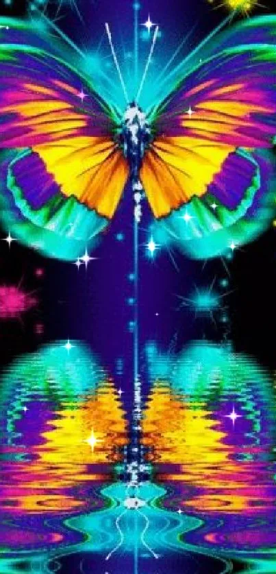 Vibrant neon butterfly with colorful reflection on black background.