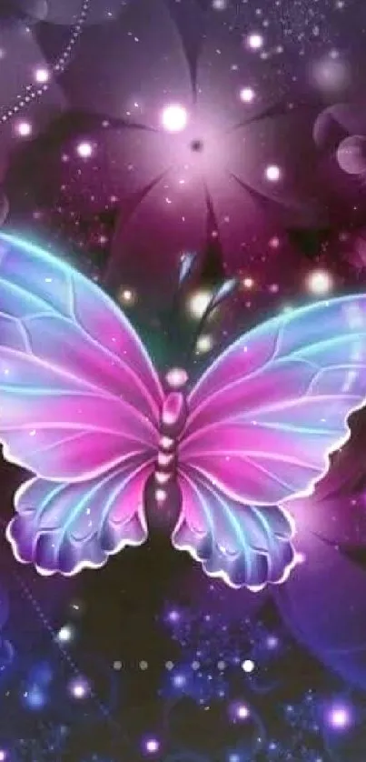 Vibrant neon butterfly with glowing purple and blue hues.