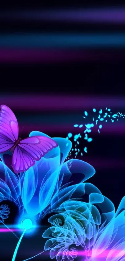 Purple butterfly and neon blue abstract floral on dark background.