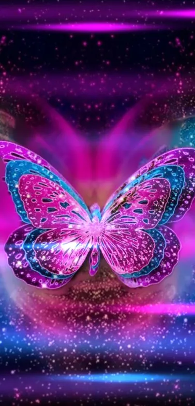 Vibrant pink and purple neon butterfly wallpaper with cosmic effects.