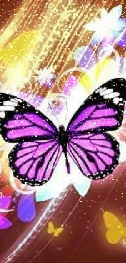 Vibrant butterfly with neon lights and colorful floral background.