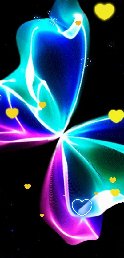 Bright neon butterfly with glowing hearts on black background.