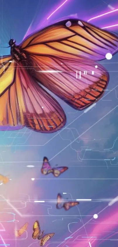 Vibrant butterfly with neon lines and digital elements on wallpaper.