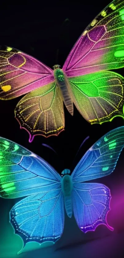 Two vibrant neon butterflies on a black background, showcasing colorful wings.