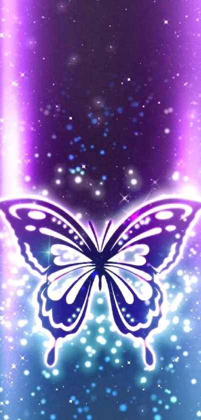 Neon butterfly with glowing purple lines and starry background.