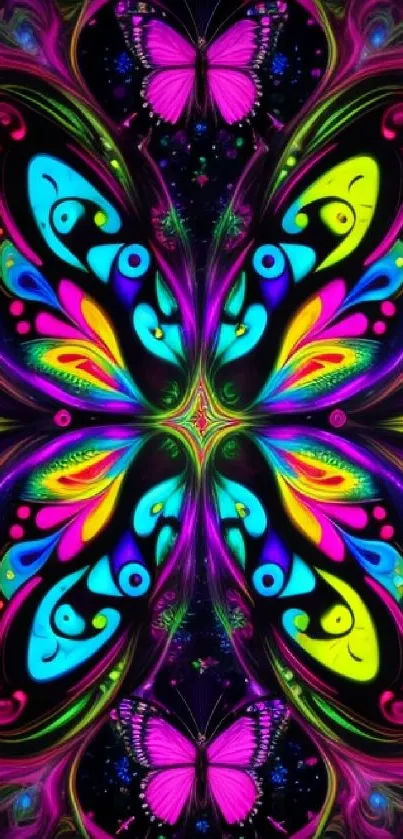 Vibrant neon butterfly wallpaper with colorful psychedelic patterns.