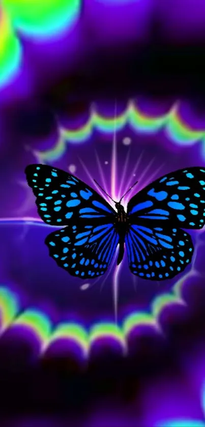 Neon butterfly with vibrant colors on psychedelic background