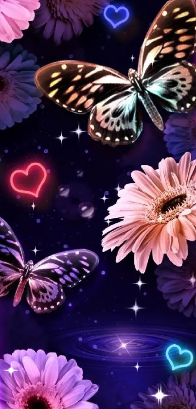 Butterfly and flowers with neon hearts wallpaper.