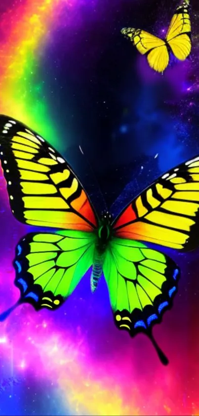 Vibrant neon butterflies on a cosmic rainbow background.