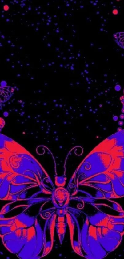 Neon purple and pink butterfly art on black night sky.