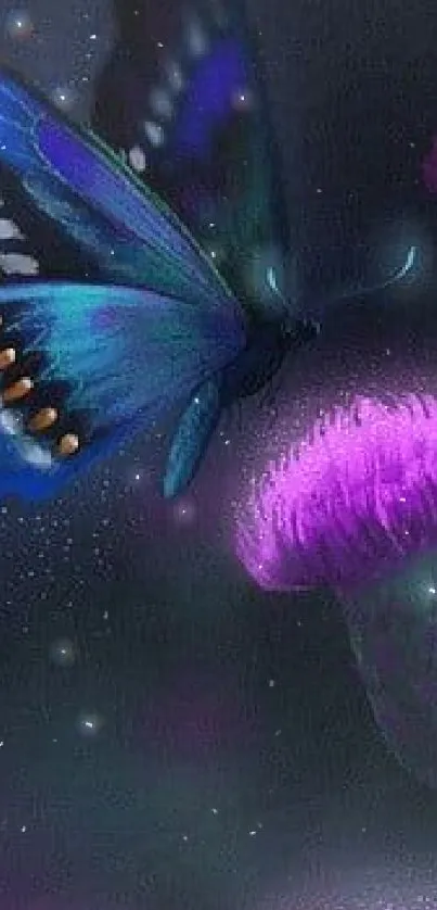 Vibrant purple butterfly over a neon-hued flower under a starlit sky.